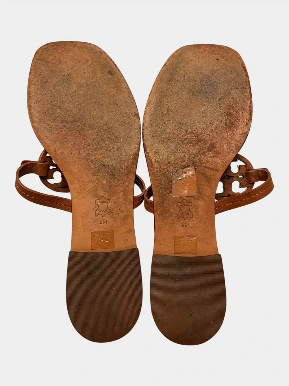 TORY BURCH Mini Miller Tan Brown Leather Gold Logo Thong Sandals Size 9